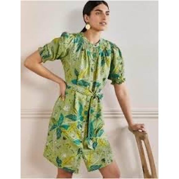 Boden Size US 12L Green Print 100% Linen Ada Midi Belted Shirt Dress Pockets - Picture 1 of 11